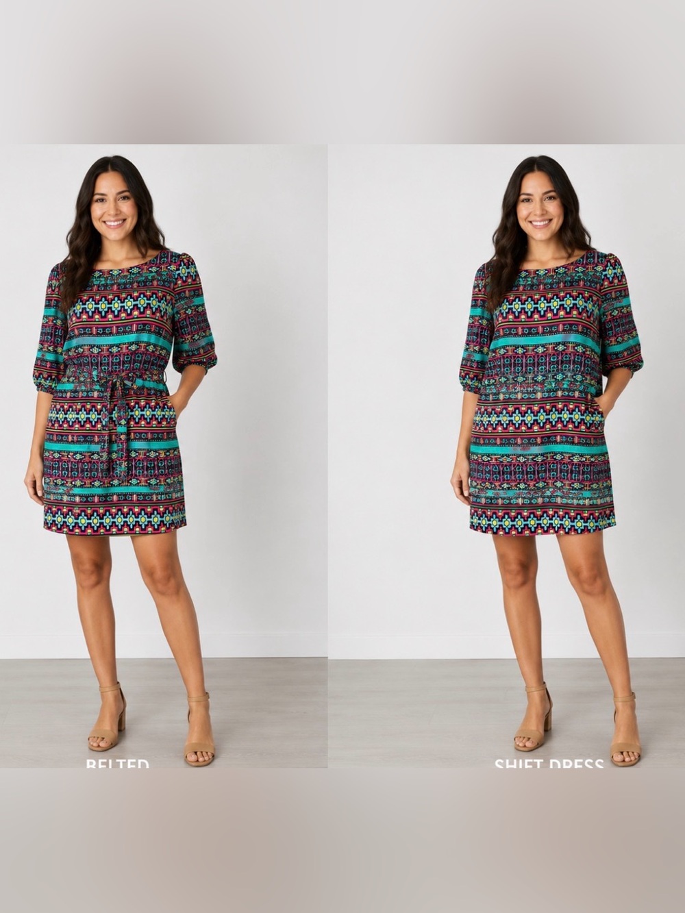 Alya Vibrant Multicolor Belted Shift Dress Aztec 3/4 Sleeves Round Neck Size M